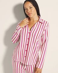 SMART STRIPE CHAMPAGNE - Long-Sleeve Notch Collar Pajama Top