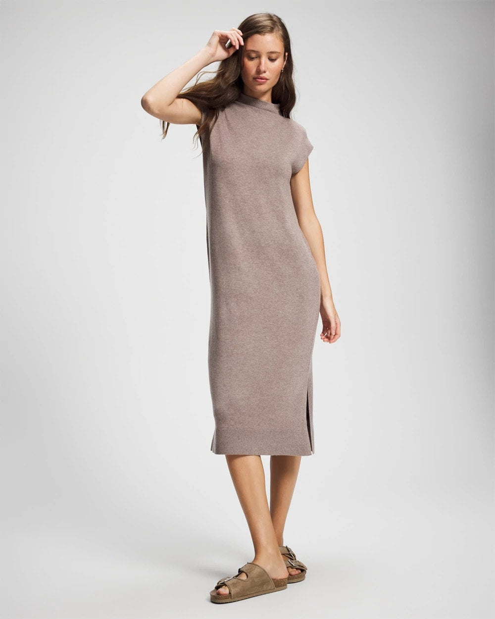 HEATHER FAWN - Premier Knit Sweater Funnel Neck Midi Dress