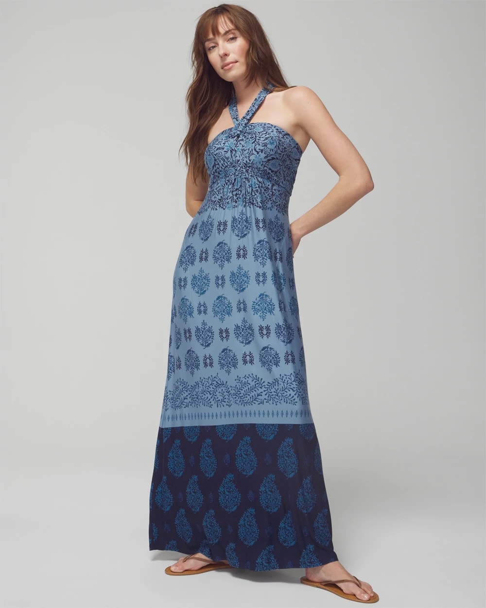 BELLA STAMP BORDER BLUE - Halter Maxi Bra Dress
