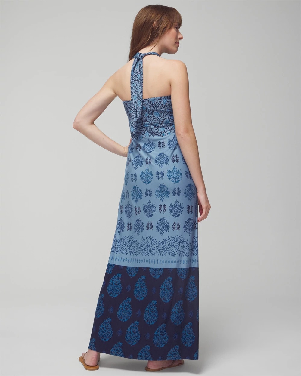 BELLA STAMP BORDER BLUE - Halter Maxi Bra Dress