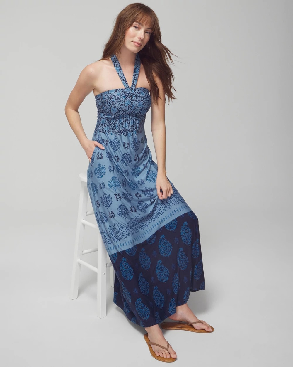 BELLA STAMP BORDER BLUE - Halter Maxi Bra Dress