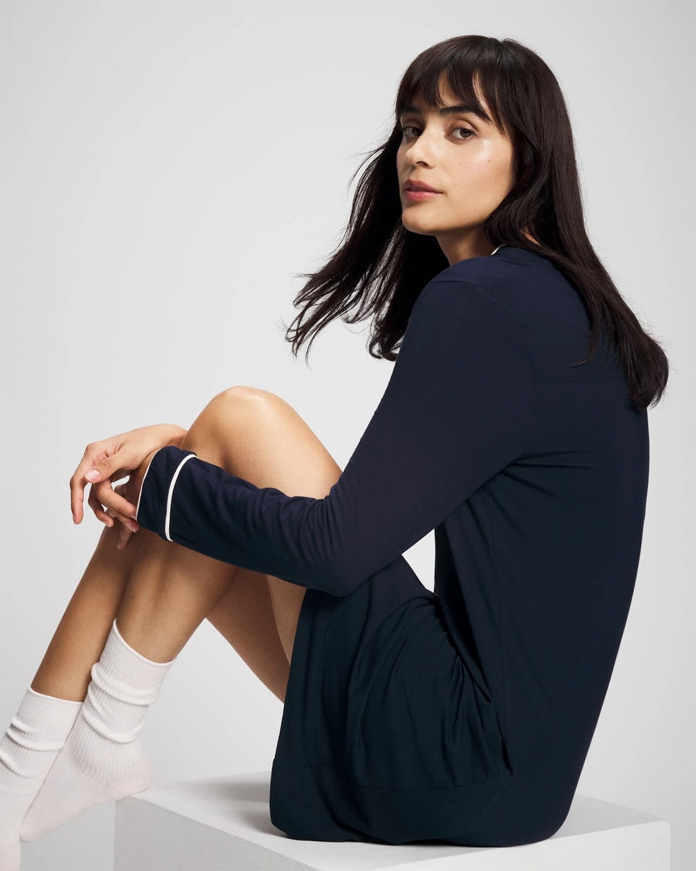 NIGHTFALL NAVY - Piped Long-Sleeve Sleepshirt