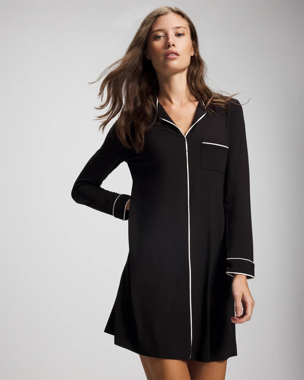 BLACK - Piped Long-Sleeve Sleepshirt