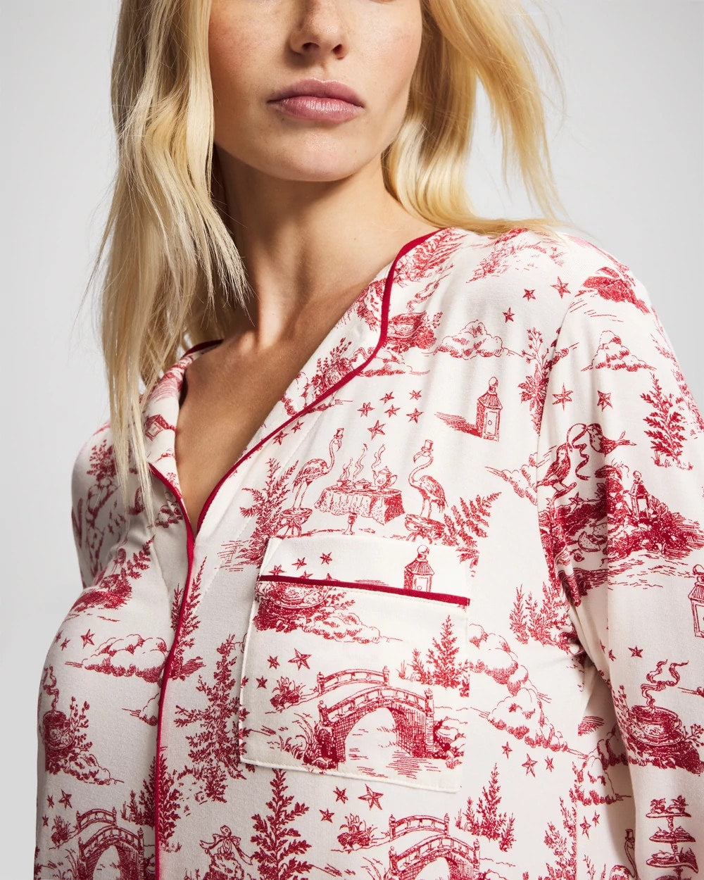 ENCHANTED TOILE CHAMPAGNE - Piped Long-Sleeve Sleepshirt