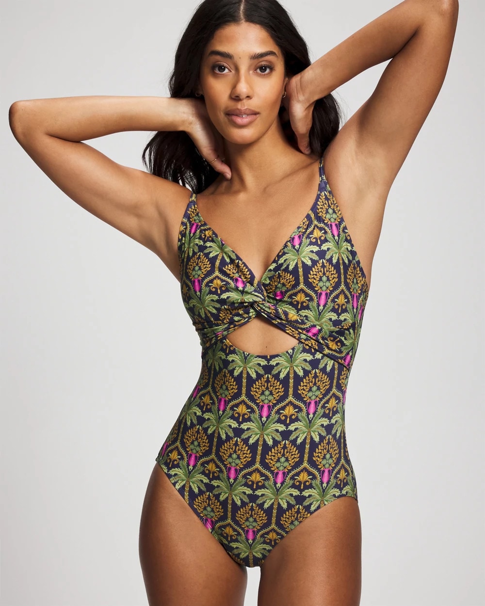 PALMY PATTERNS NAVY - Twist-Front Keyhole One Piece