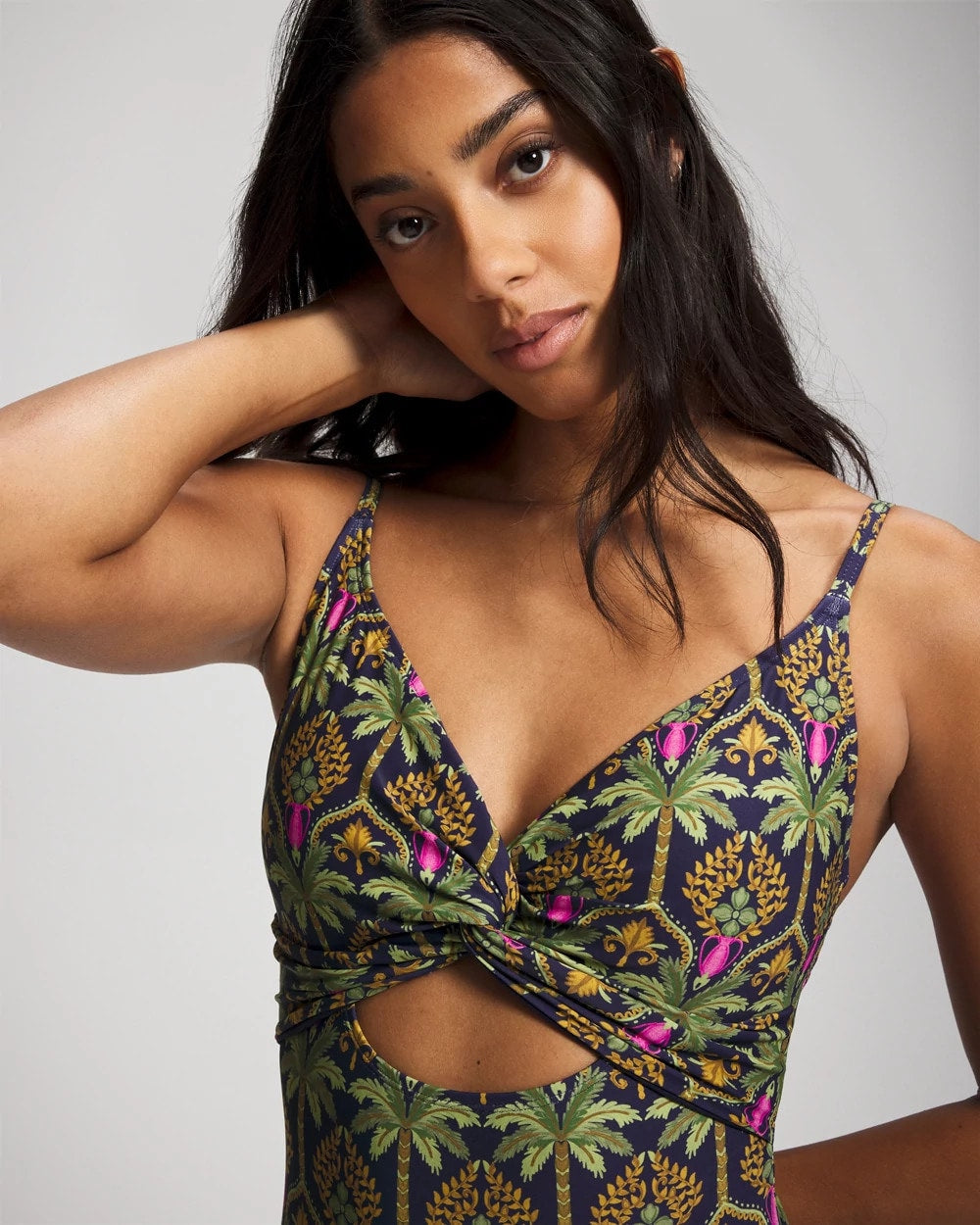 PALMY PATTERNS NAVY - Twist-Front Keyhole One Piece