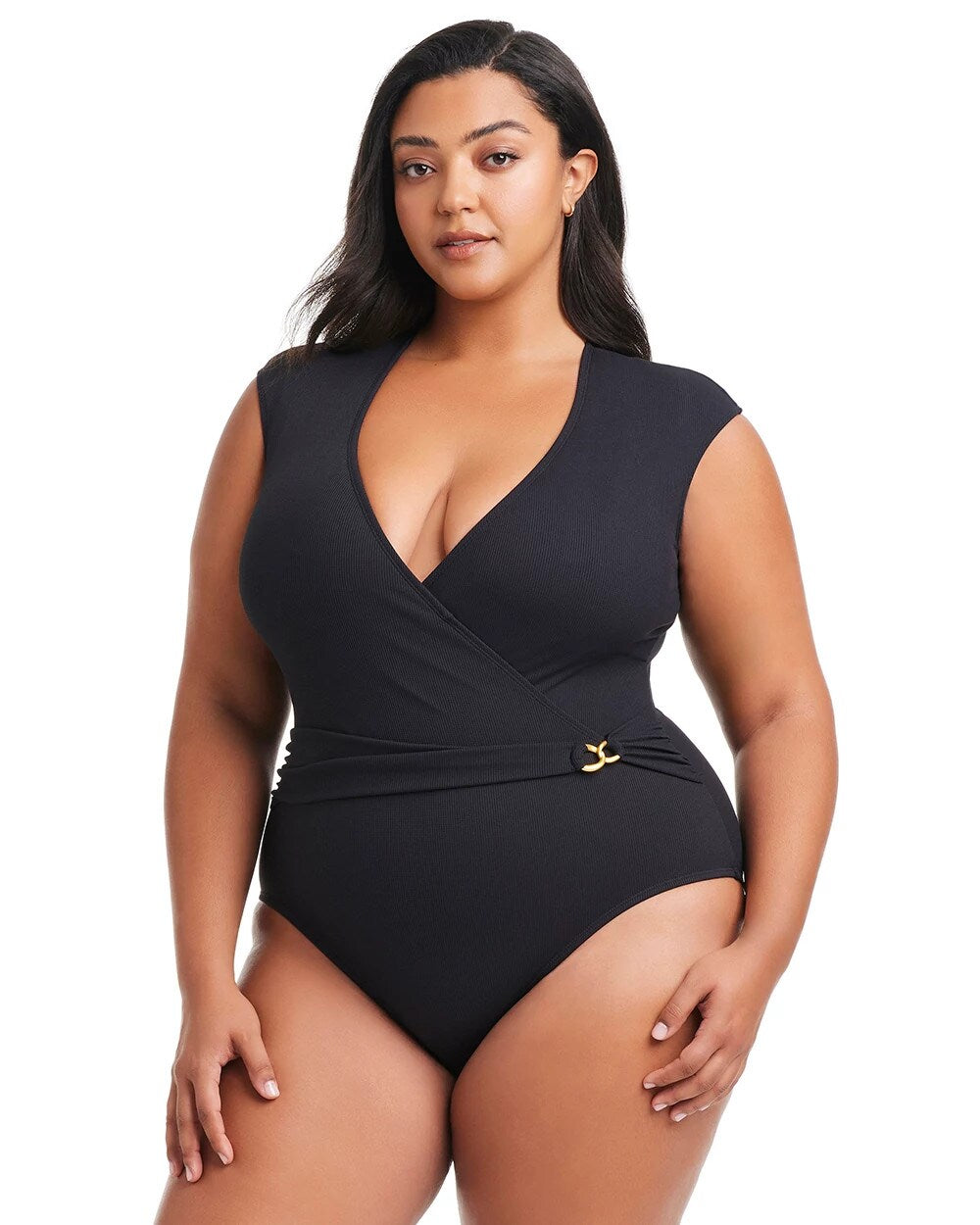 BLACK - Pique Ole Cap Sleeve Surplice One Piece