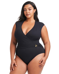 BLACK - Pique Ole Cap Sleeve Surplice One Piece