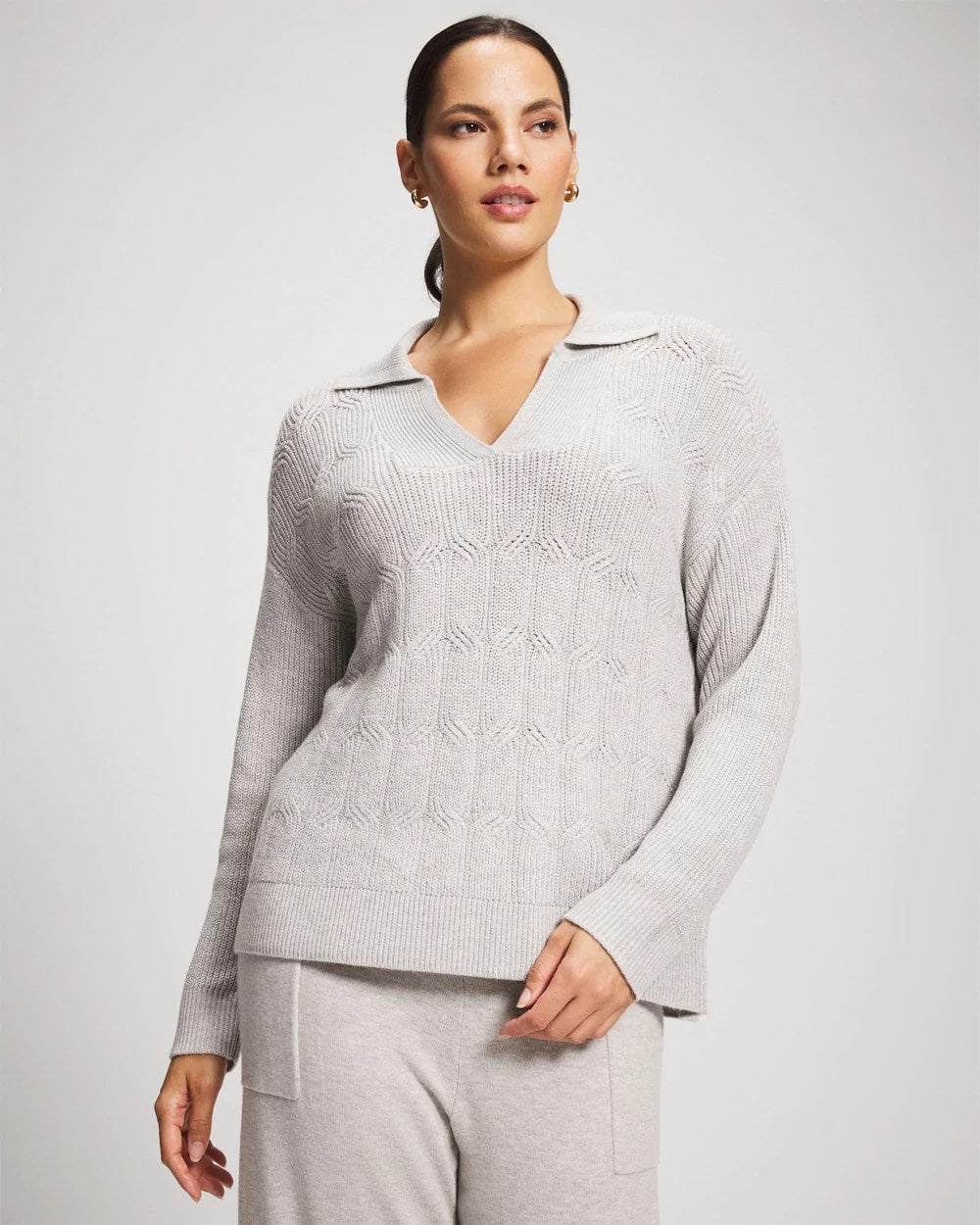 HEATHER STONE - Premier Knit Cable Knit Collared Sweater