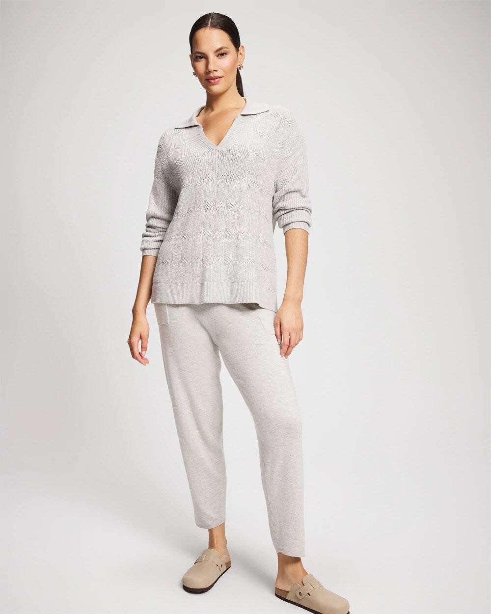 HEATHER STONE - Premier Knit Cable Knit Collared Sweater