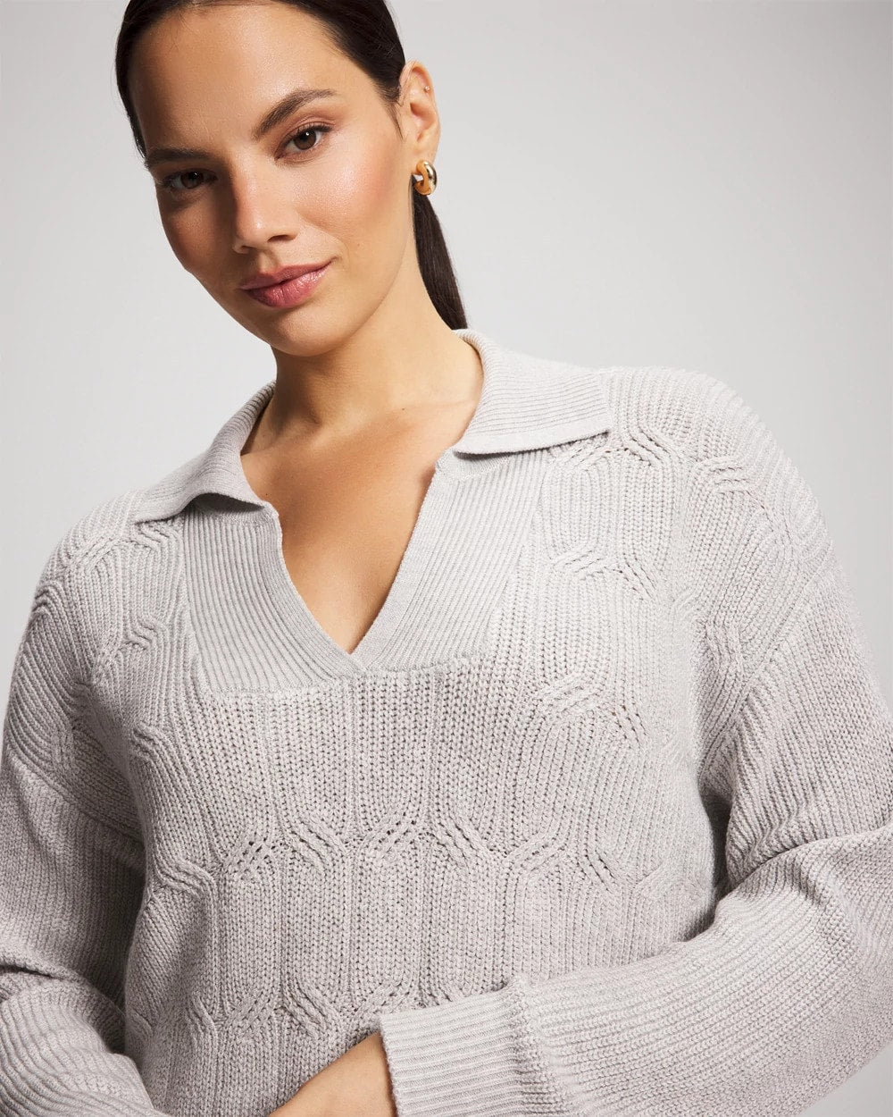 HEATHER STONE - Premier Knit Cable Knit Collared Sweater