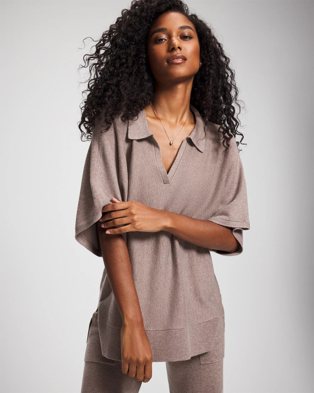 HEATHER FAWN - Premier Knit Sweater Collared Top