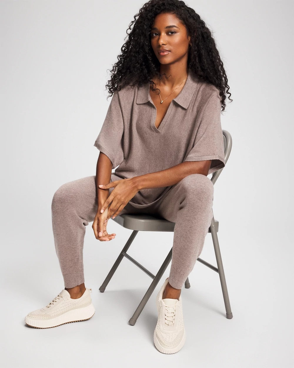 HEATHER FAWN - Premier Knit Sweater Collared Top