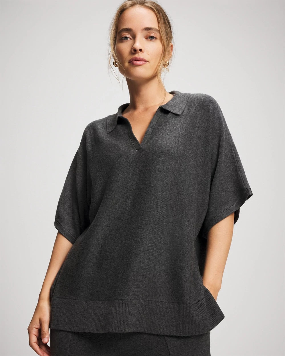 HEATHER QUARTZ - Premier Knit Sweater Collared Top