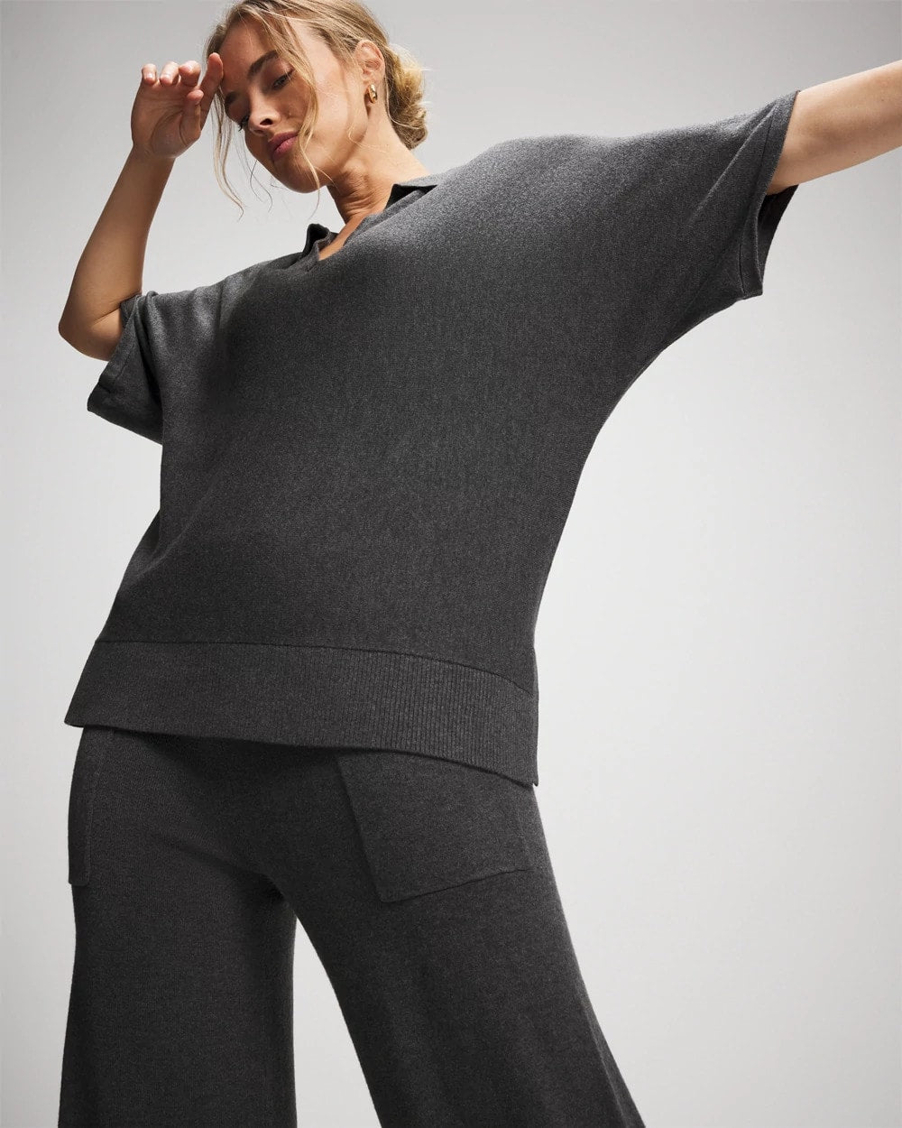HEATHER QUARTZ - Premier Knit Sweater Collared Top