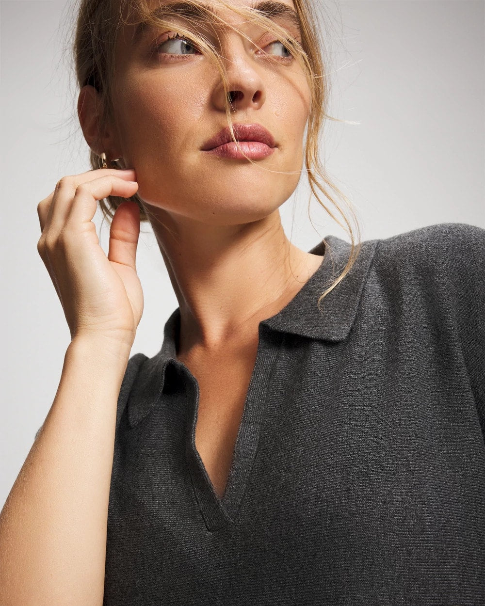 HEATHER QUARTZ - Premier Knit Sweater Collared Top
