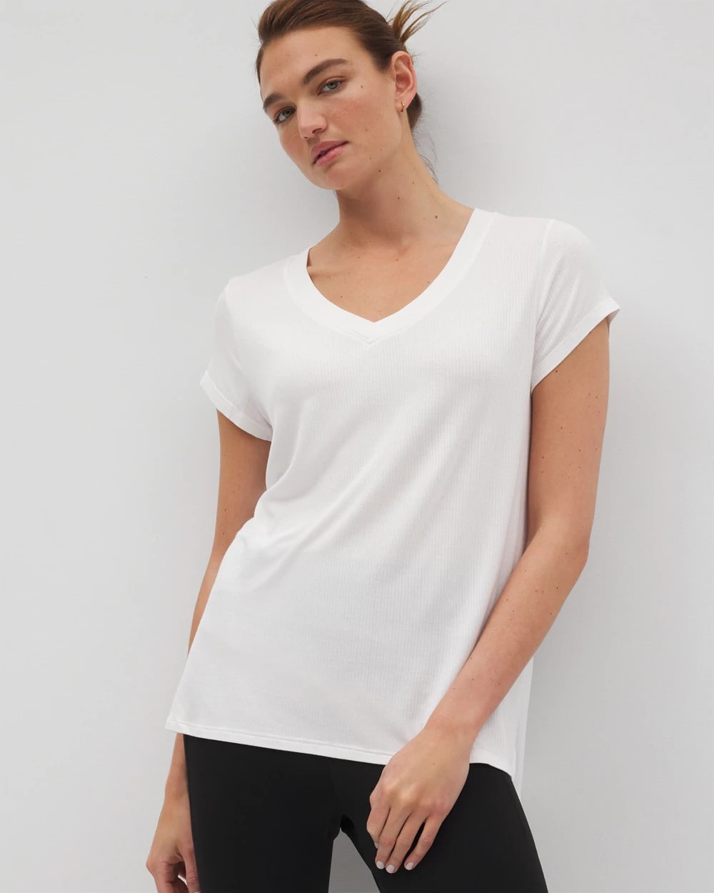 OPTIC WHITE - Rib Knit V-Neck Tee