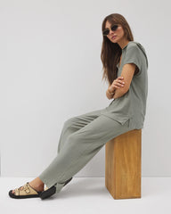 RESTORATION GREEN - Crinkle Knit Short Sleeve V-Neck Hoodie