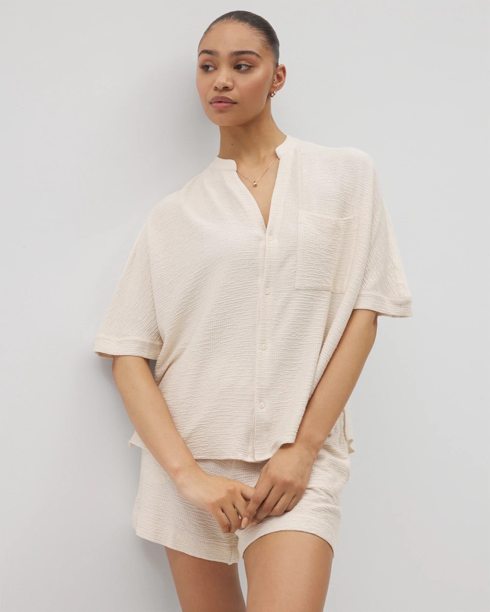 PARCHMENT - Crinkle Knit Relaxed Button-Up Top