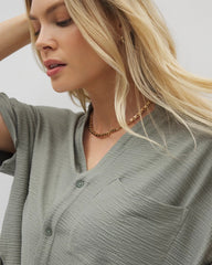 RESTORATION GREEN - Crinkle Knit Relaxed Button-Up Top