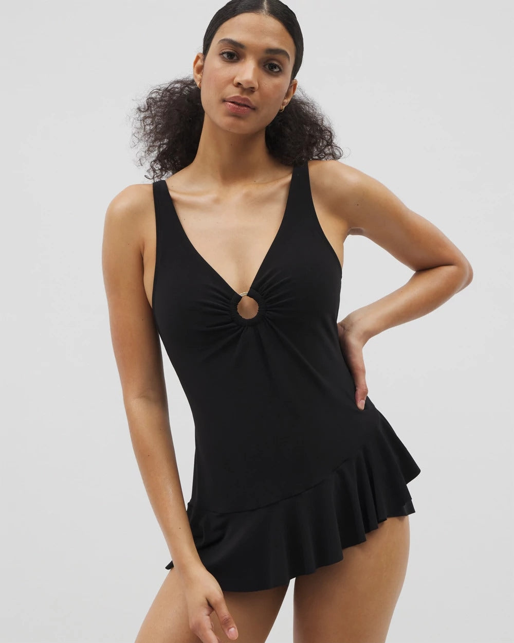 BLACK - Beyond Control Solid Essentials Ruffle Swim Dress
