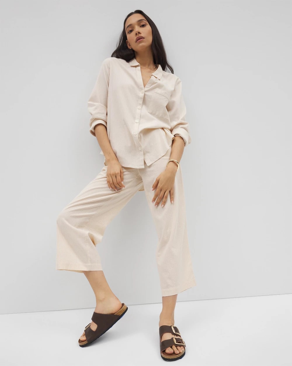 PALE SAND STRIPE - Beach Cotton Crop Pant