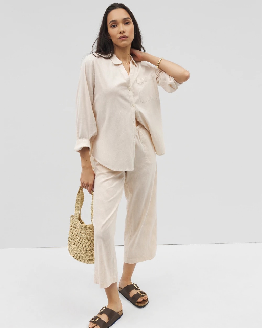PALE SAND STRIPE - Beach Cotton Crop Pant