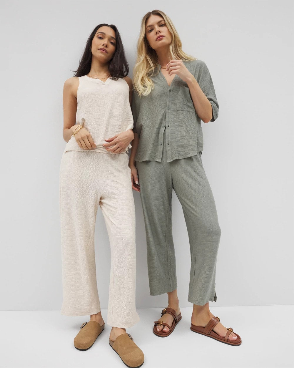 RESTORATION GREEN - Crinkle Knit Wide Leg Pant