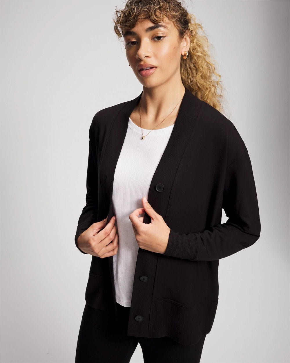 BLACK - Ultrasoft Fleece Relaxed Button Up Cardigan