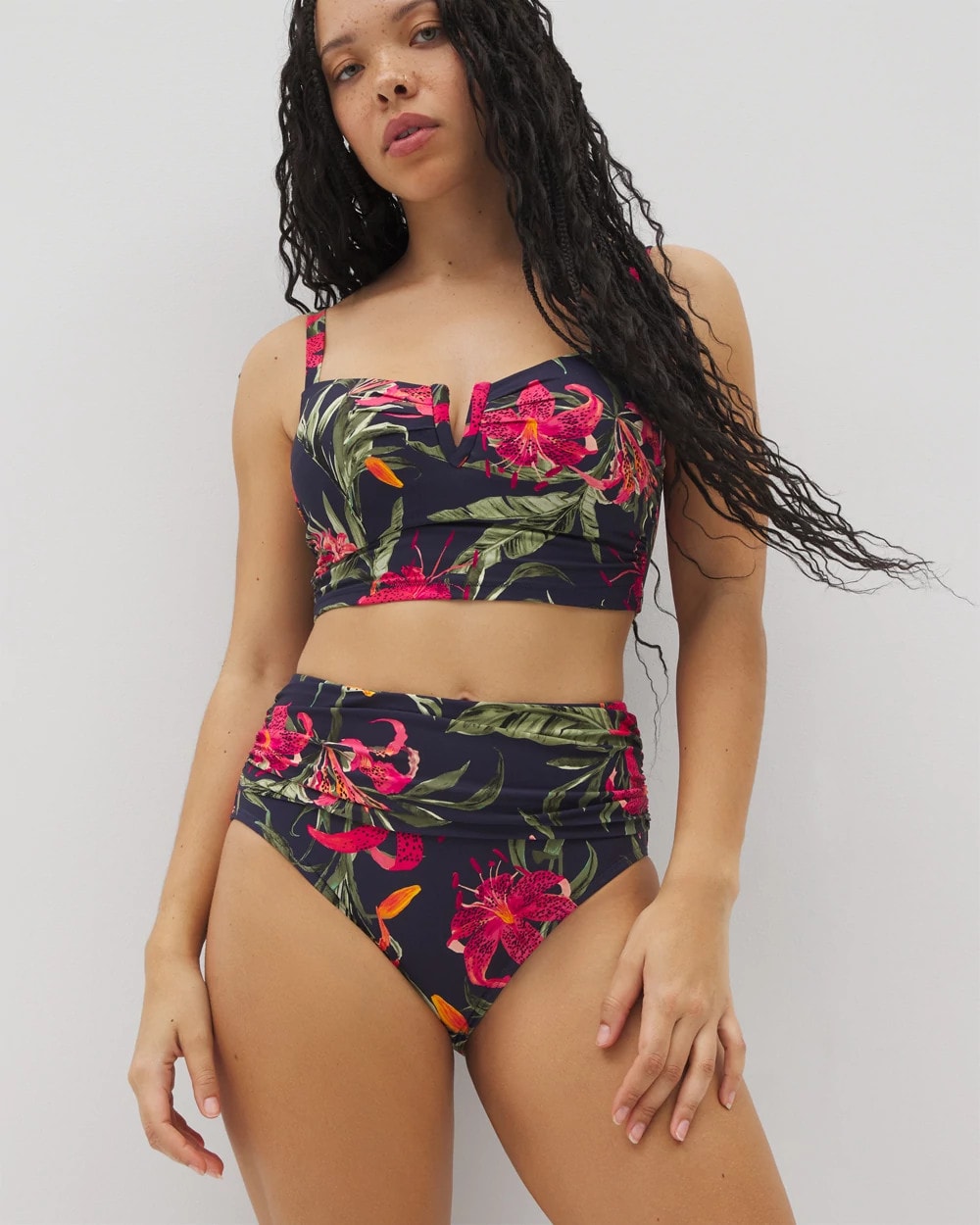 LE TIGRE TROPICAL NAVY - Soma Swim Ruched High-Waist Bikini Bottom