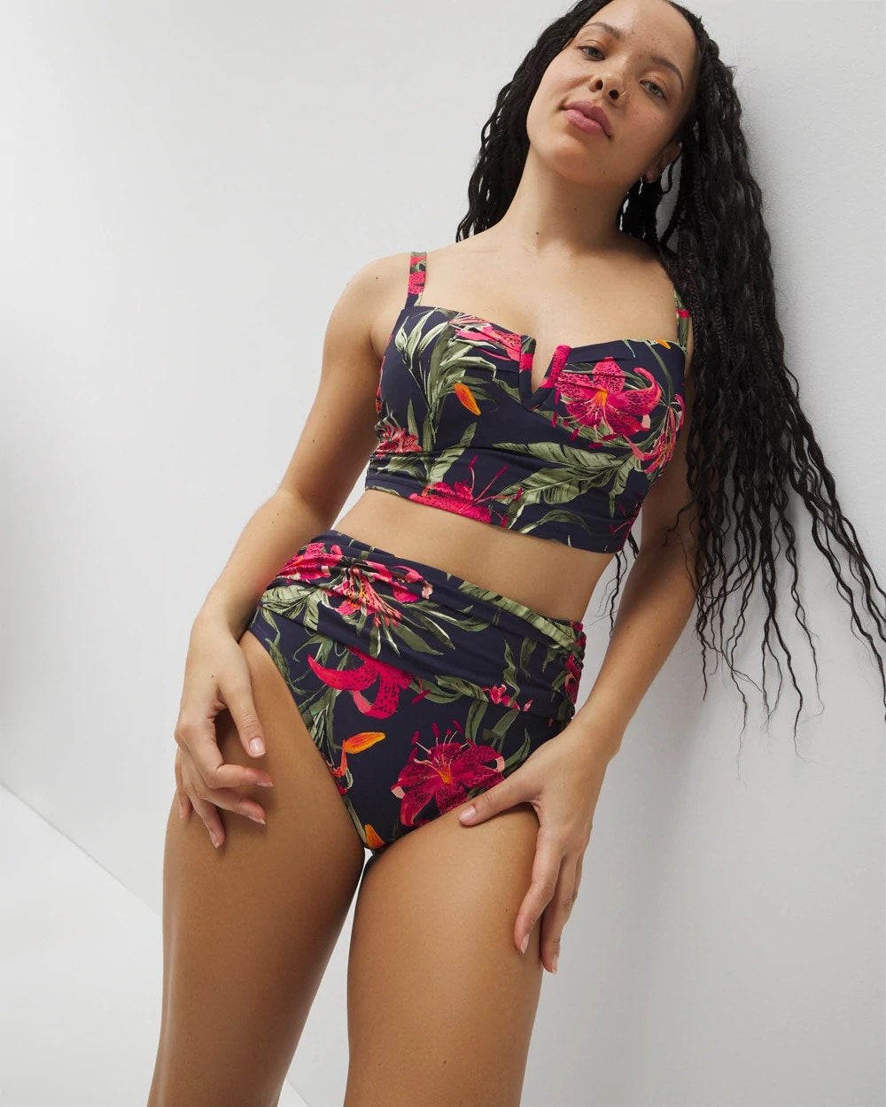LE TIGRE TROPICAL NAVY - Soma Swim Ruched High-Waist Bikini Bottom
