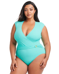 TAHITI TEAL - Pique Ole Cap Sleeve Surplice One Piece