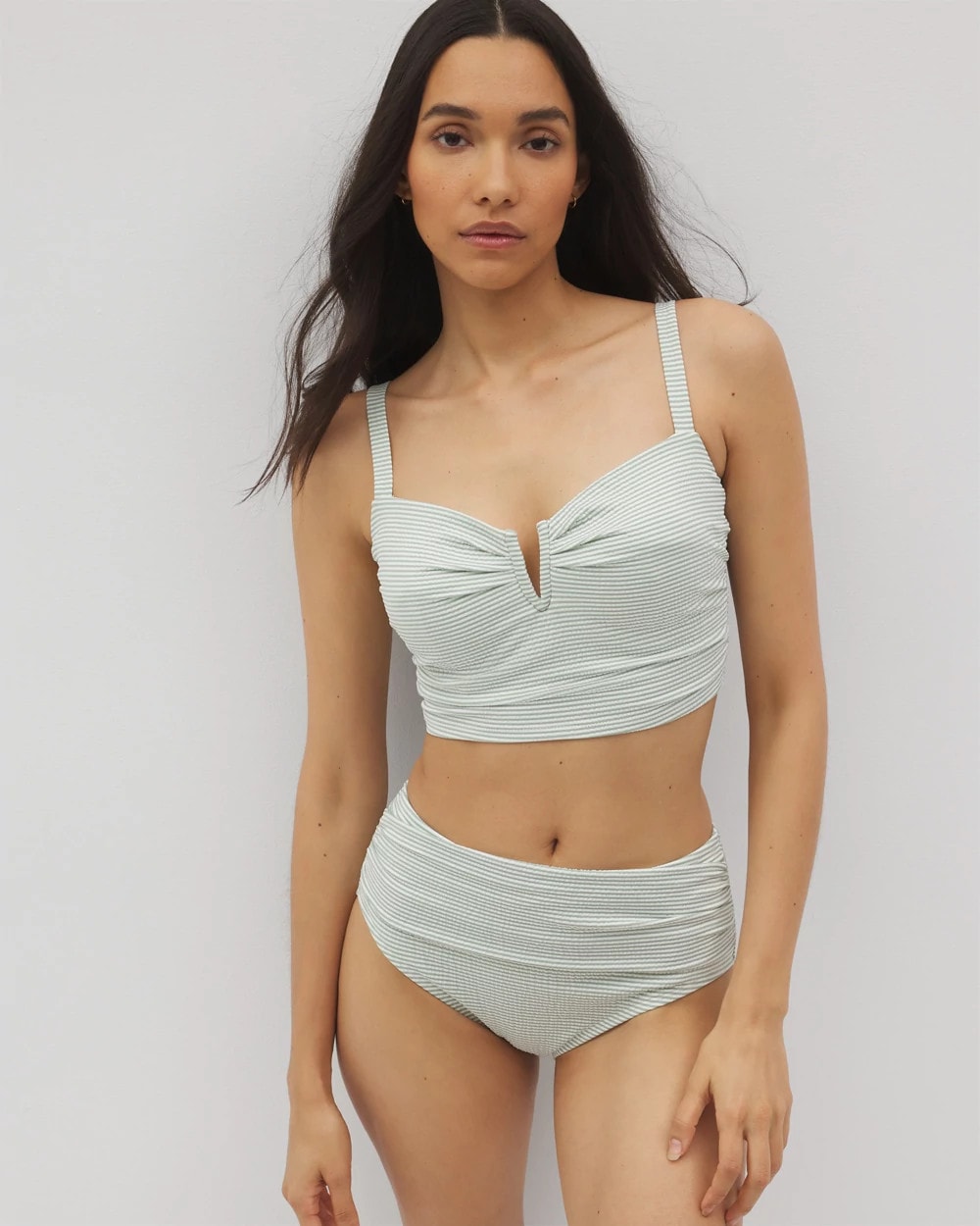 GREEN SEERSUCKER - Seersucker High-Waist Bottoms
