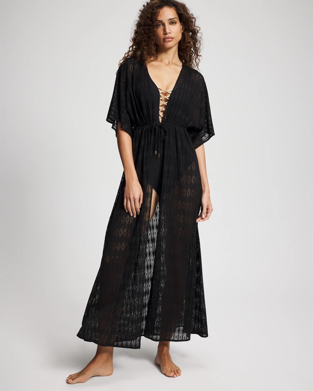 BLACK - Sunkissed Crochet Open-Front Caftan